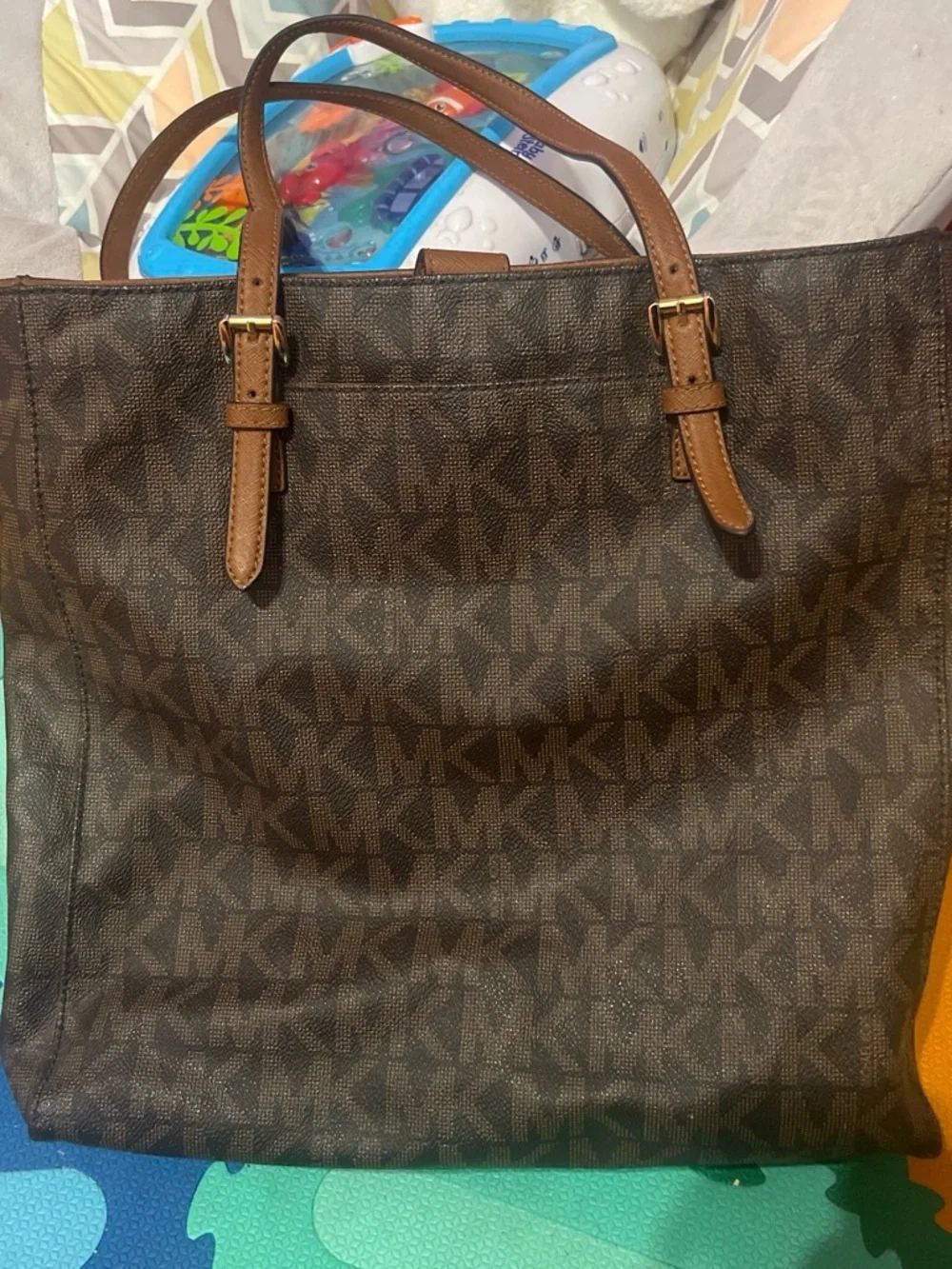 Michael Kors Brown Logo Canvas Tote with Tan Leather Accents